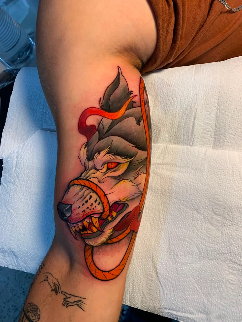 Tatuagem colorida em new school no braço