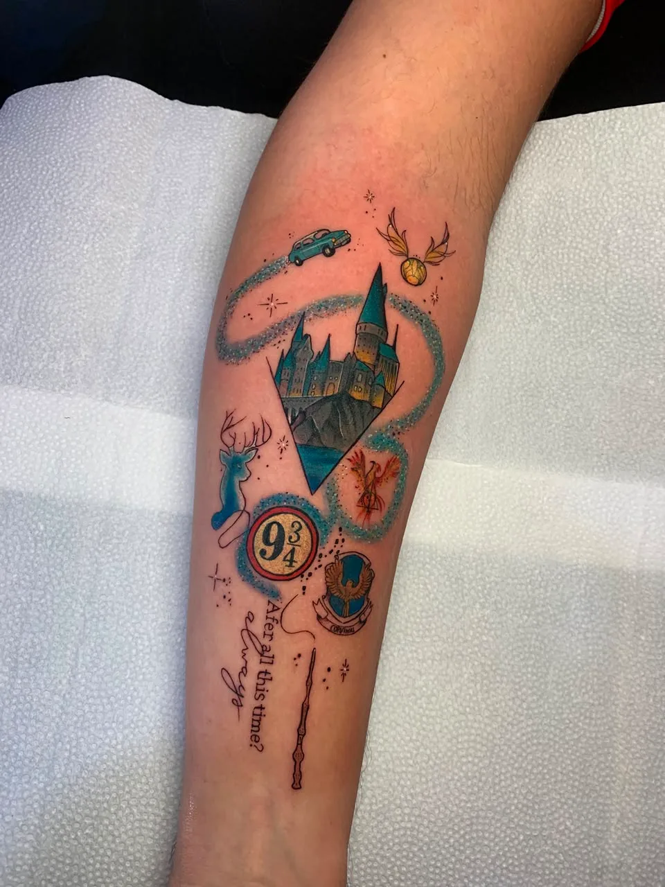 Tatuagem do castelo de Hogwarts e plataforma 9¾
