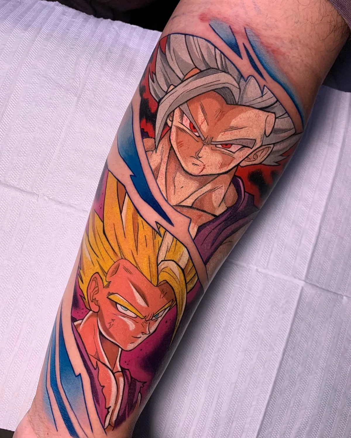 Colorful tattoo of Gohan and Goku, from Dragon Ball, on the leg